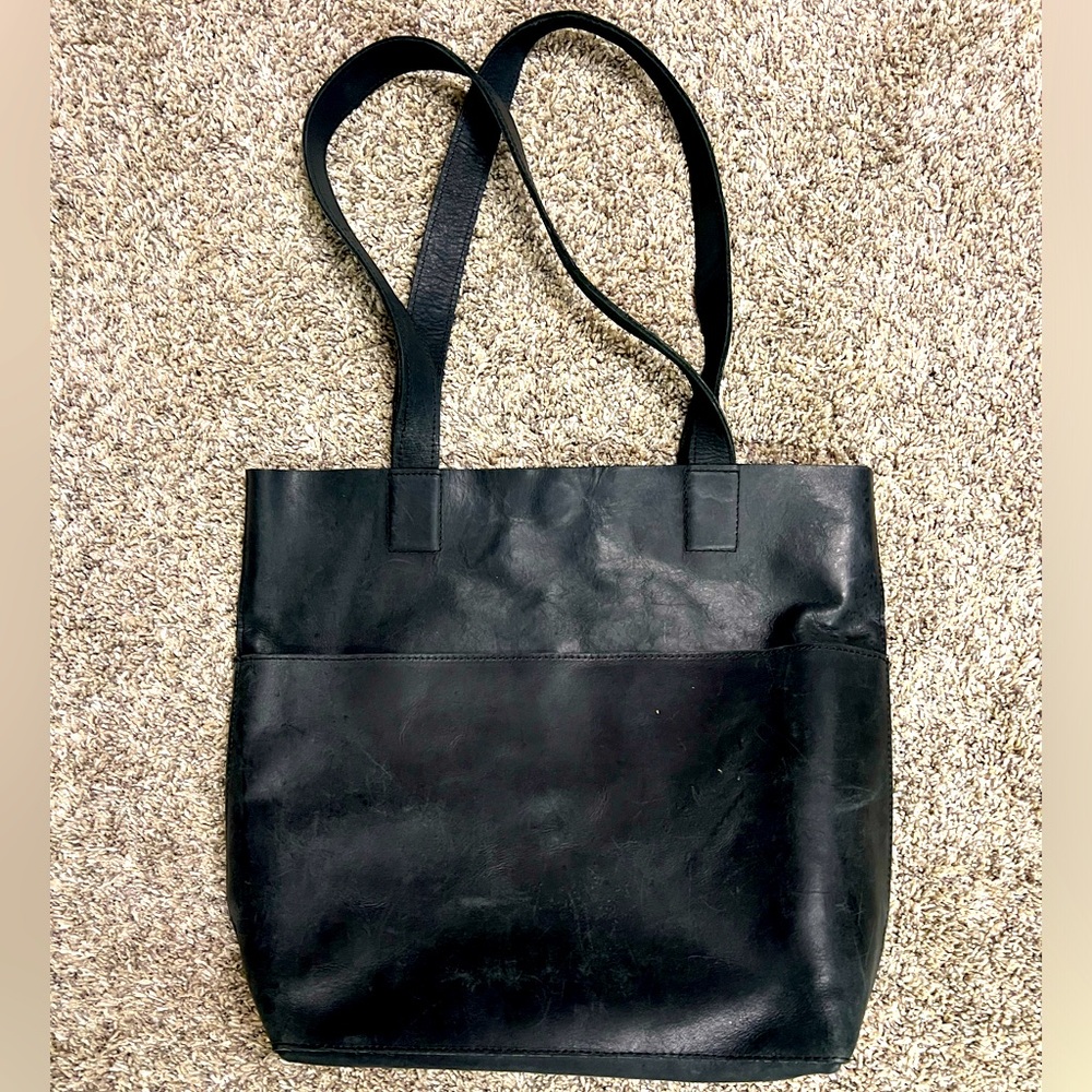 Black leather tote bag